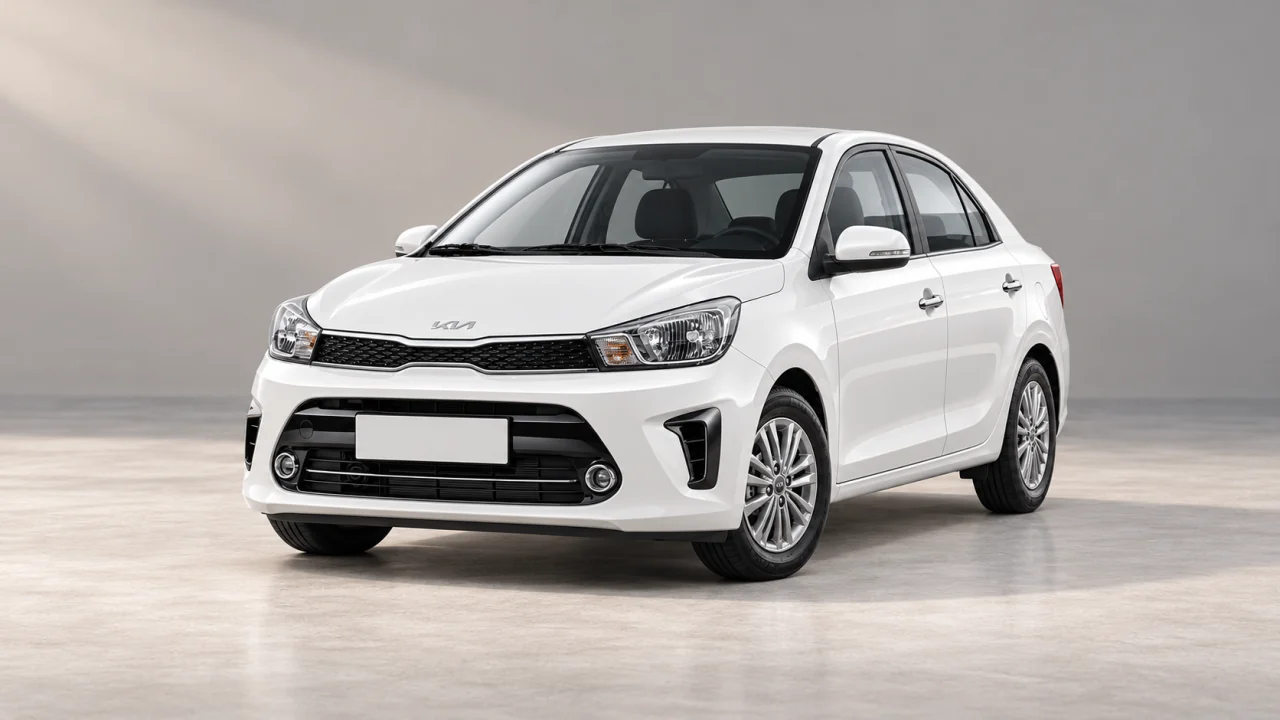 AI-generated illustration of a white Kia Pegas 2024 sedan, front three-quarter view