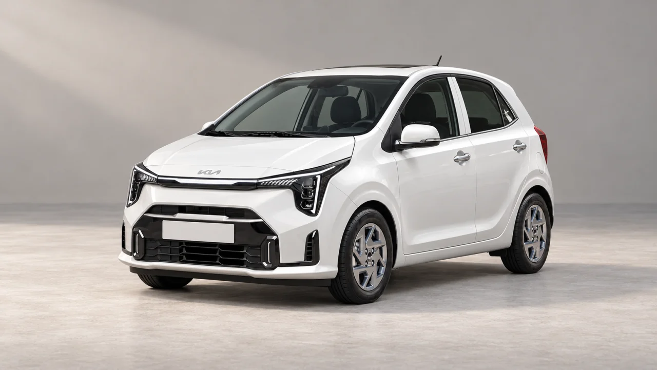 AI-generated illustration of a white Kia Picanto 2024 hatchback, front three-quarter view