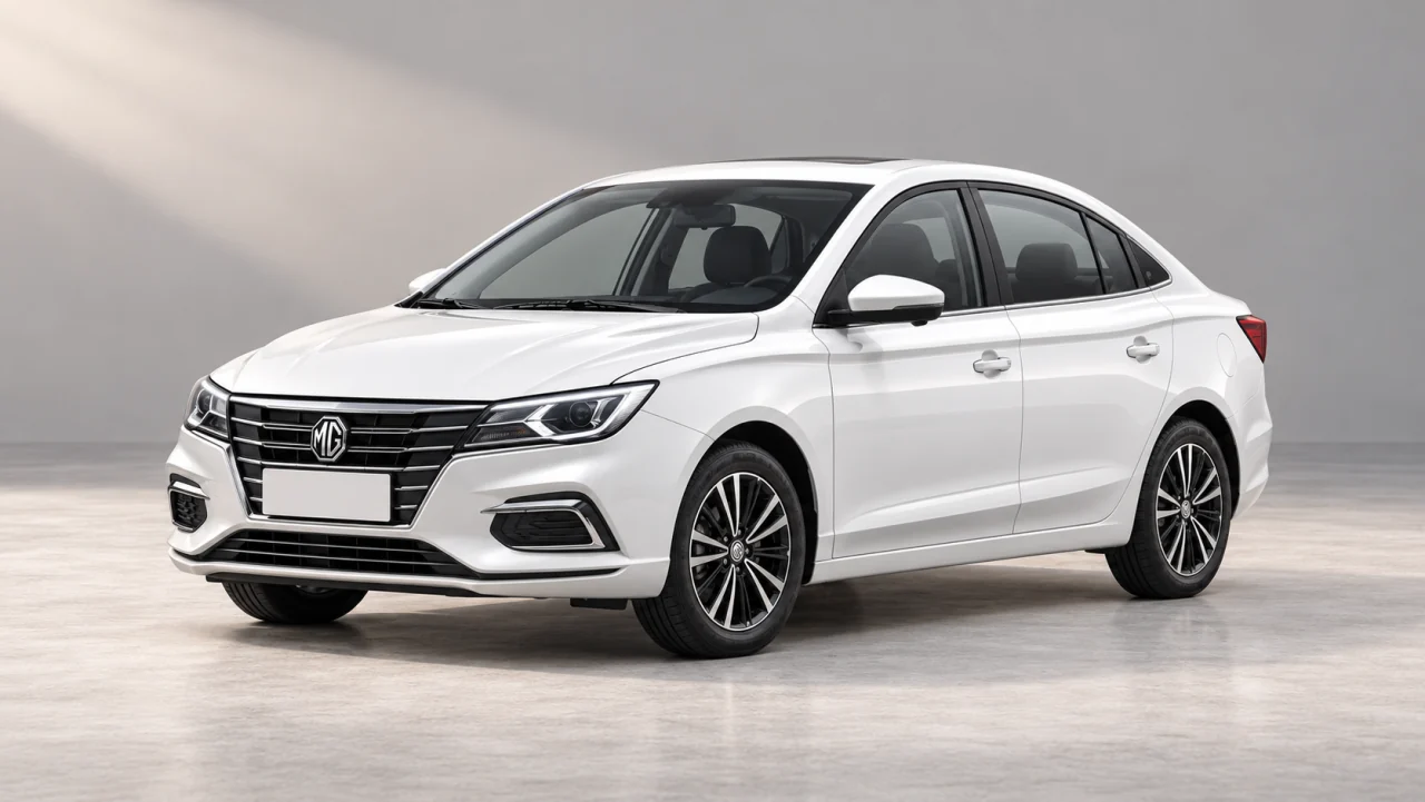 AI-generated illustration of a white MG 5 2025 sedan, front three-quarter view