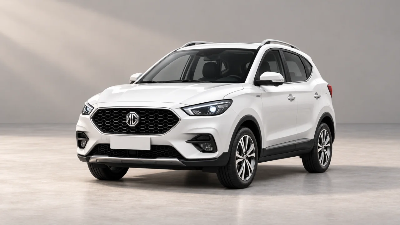 AI-generated illustration of a white MG ZS LUX 2025 SUV, front three-quarter view