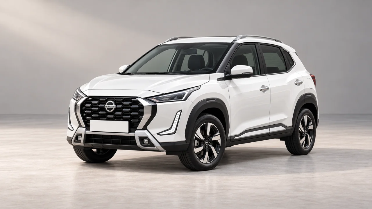 AI-generated illustration of a white Nissan Magnite 2025 SUV, front three-quarter view