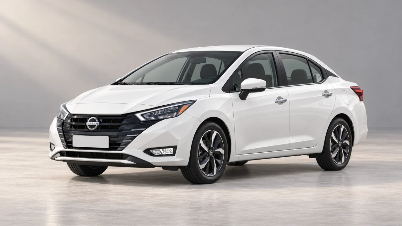AI-generated illustration of a white Nissan Sunny 2024 sedan, front three-quarter view